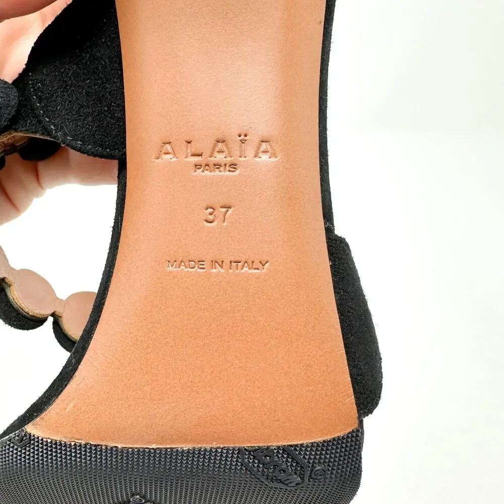Alaia Bombe Heels Sandals Shoes Black Suede Ankle Strap EU 37 US 6.5
